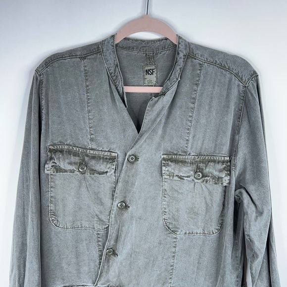 NSF Asymmetric Button Front Jumpsuit Long Sleeve Green Gray Relaxed Miche Small - Picture 2 of 14